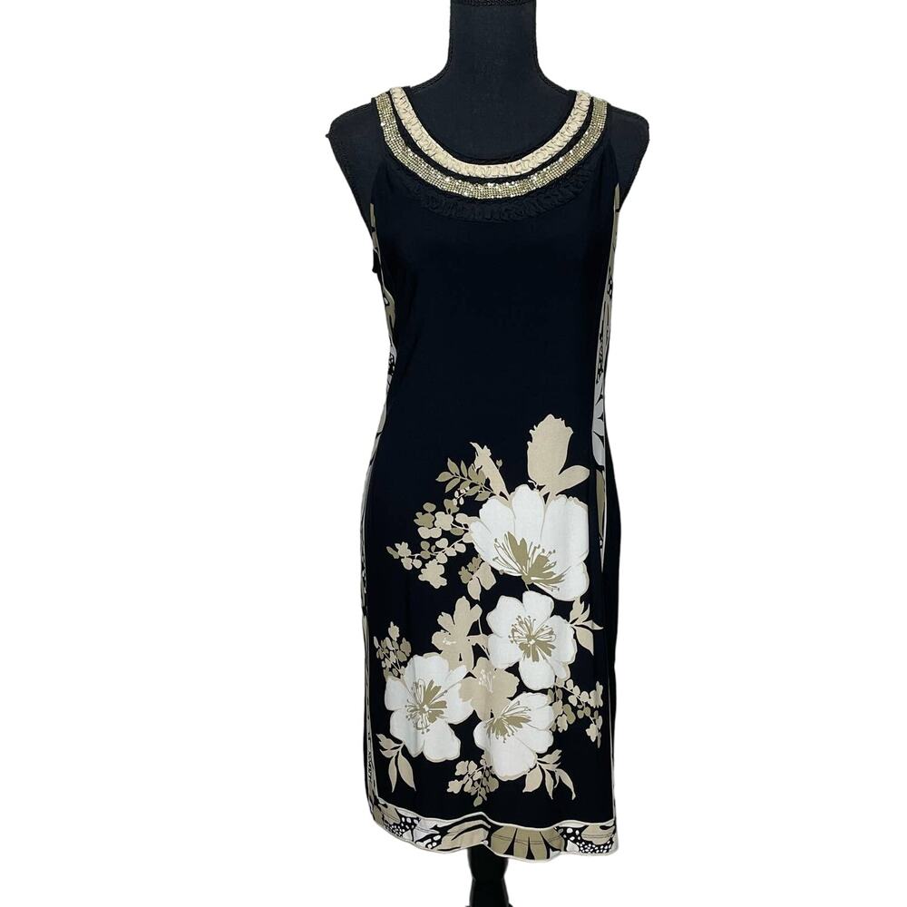 Sandra Darren Sheath Dress Sequined Sleeveless Floral Print Knee Length Black 8‎
